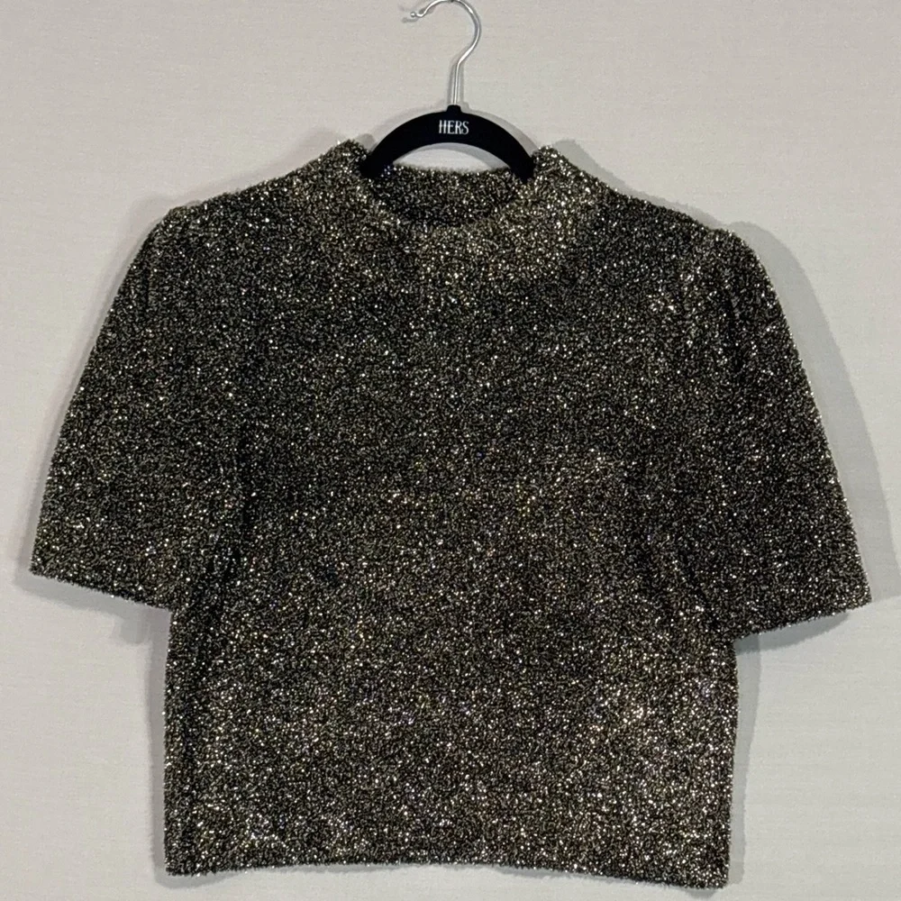Kate Spade Metallic Texture Sweater Black Gold Short Sleeve Top NWT M